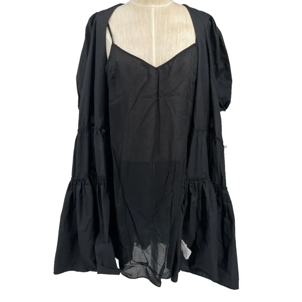 J Crew 2 pc  Black Wrap Dress & Slip Short Puff Sleeves Tiers Size Large NEW